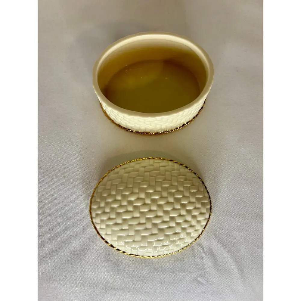 Lenox Oval Basketweave Trinket Box/ Jewelry Box EUC Ivory and Gold